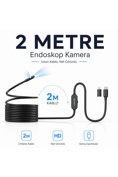 uninet Iphone ve Android Uyumlu 2 Kameralı 2 Metre Kablolu Endoskop Yılan Kamera