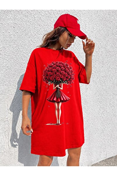 classy moda تي شيرت نسائي طويل جدًا مطبوع عليه شكل امرأة مع باقة ورد