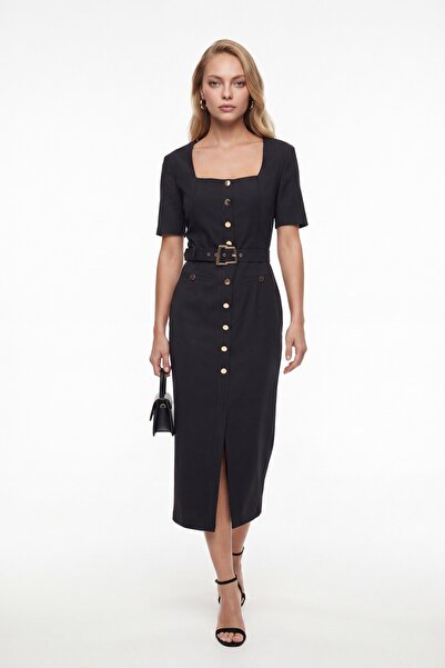 Lafaba Women's Black Square Collar Gold Button Detail Midi Event Dress