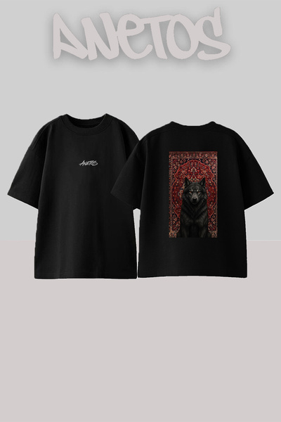 Anetos Black Wolf Rug Design Back Printed Cotton Black Oversize T-Shirt