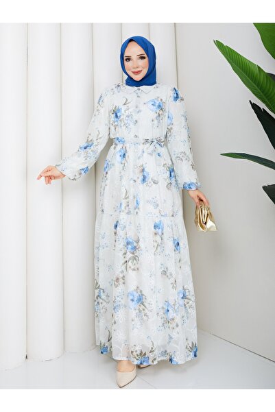 asyadabutik Women's Embroidered Waist Tie Chiffon Plus Size Floral Dress
