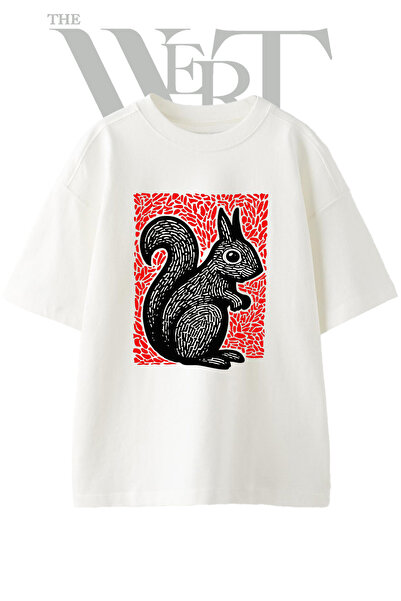 THEWERT Tricou oversize alb unisex cu imprimeu Linocut Squirrel Design