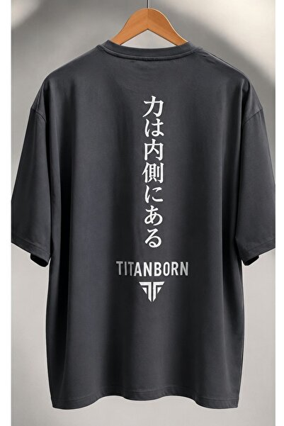 Titanborn Erkek Antrasit Oversize Kanji Bisiklet Yaka T-shirt