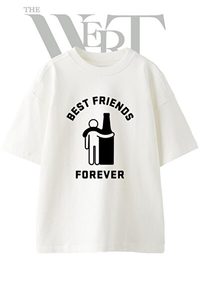 THEWERT Μπλουζάκι  "Best friends bottle " με στάμπα, Unisex, Λευκό, Oversize