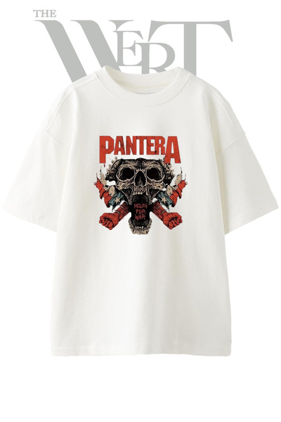 THEWERT Pantera Skull Design Printed Unisex White Oversize T-Shirt