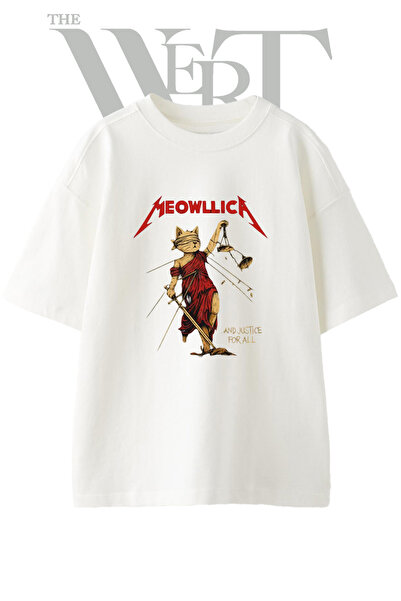 THEWERT Μπλουζάκι Meowlllica Justice Design με στάμπα, Unisex, λευκό, oversized