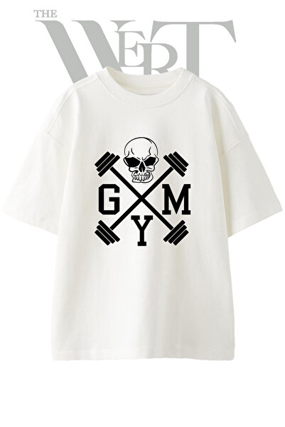 THEWERT Μπλουζάκι με σχέδιο Gym Skull, εμπριμέ, unisex, λευκό, oversized