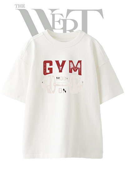 THEWERT Gym Mode Barbell Design Printed Unisex White Oversize T-Shirt