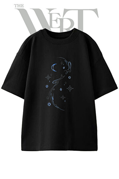 THEWERT Moon Stars Flow Design Printed Unisex Black Oversize T-Shirt