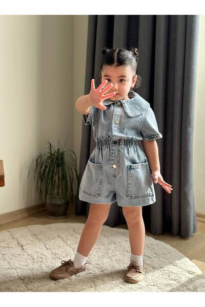 Toi Kids Kız Çocuk Bebe Yaka Taşlı Kot Şort Tulum