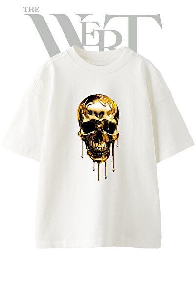 THEWERT Gold Dripping Skull Design Printed Unisex White Oversize T-Shirt