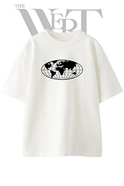 THEWERT World Map Design Printed Unisex White Oversize T-Shirt