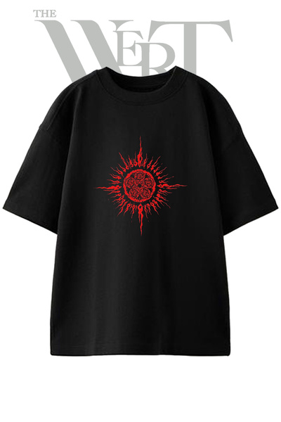 THEWERT Flame Sun Design Printed Unisex Black Oversize T-Shirt