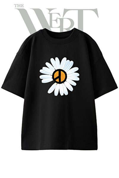 THEWERT Daisy Peace Sign Design Printed Unisex Black Oversize T-Shirt