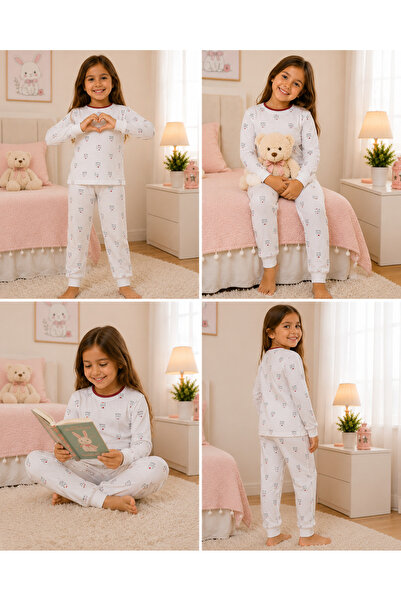 SERPİL Kız Çocuk Pamuklu Pijama Takımı Uzun Kollu Desenli Alt Üst Uyku Takımı
