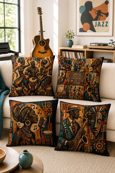 EVPANYA Set od 4 jastučnice sa uzorkom afričkih muzičara