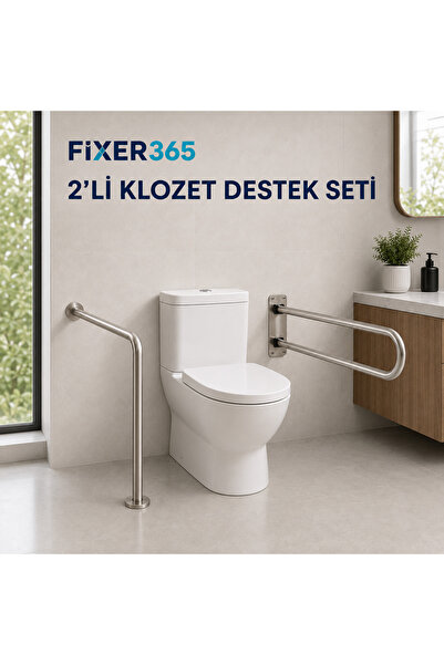 Fixer365 2’li Klozet Yanı Tutunma Barı Seti Paslanmaz L Tipi 75 cm ve Katlanı...
