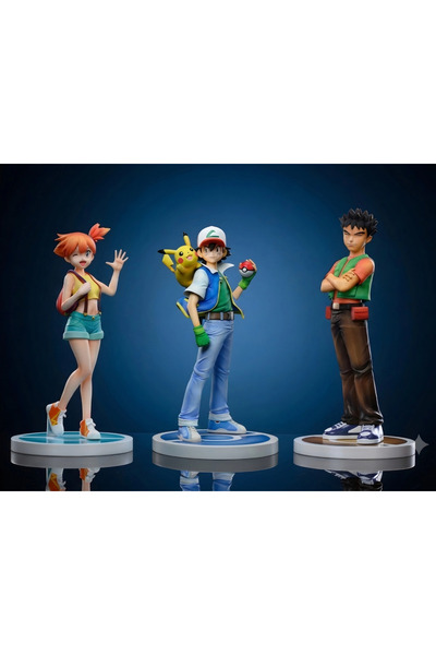 DEK Pokemon Ash Pikachu Misty Brock 3’lü Anime Figür Seti Standlı Koleksiyon