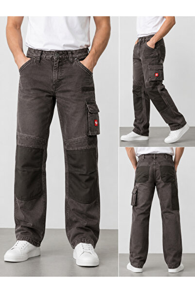 Erkek Çocuk Kot Kargo Çok Cepli Lastikli Bel Rahat Kesim Günlük Denim Pantolon Kahverengi- Siyah