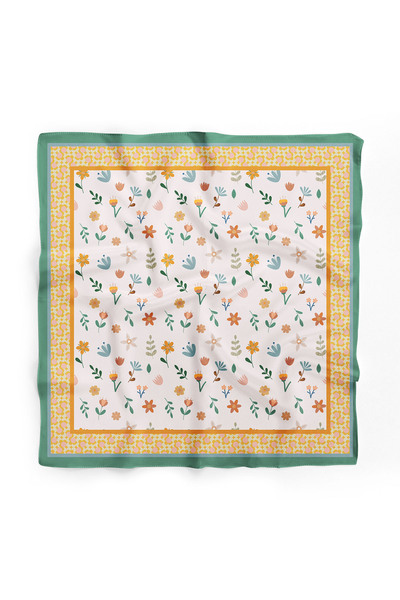 DSCARF Women's Yellow Green Floral Patterned Satin Scarf 70X70 cm - Floral Sc...