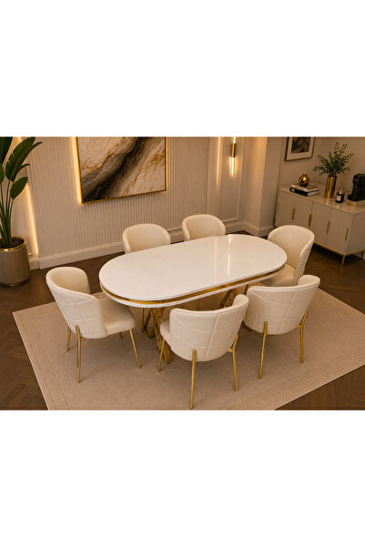 Concept Ayz Home Pera Gold Serisi 6 Kişilik Krem Kumaş 90*168 Beyaz Lake Pane...