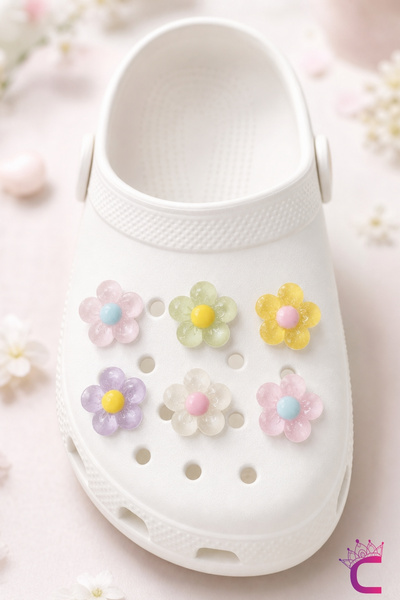 Cinderella 6'lı Soft Şeffaf Pastel Renkli Cam Efektli Çiçekli Terlik Süsü Set...