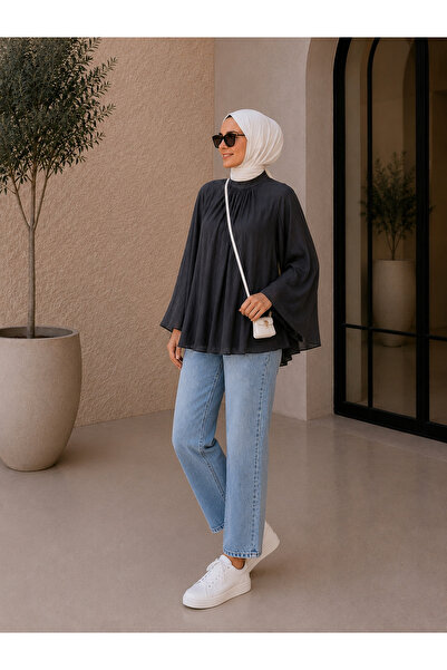 efruz butik Geniş Kol Dökümlü Astarlı Tül Cupra Lacivert Şık Bluz