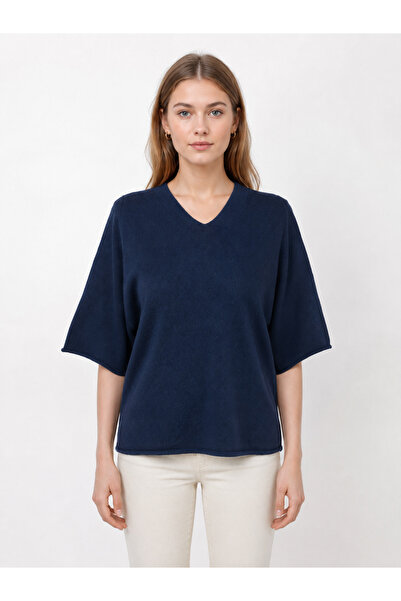 Neden Tekstil Navy Blue Hooded V-Neck Women's Knitwear Blouse