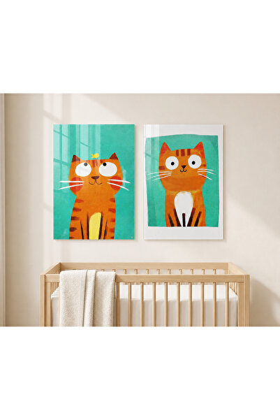 arslart Sevimli Turuncu Kedi CAM Görünümlü Pleksi Tablo Seti Çocuk Bebek Odas...