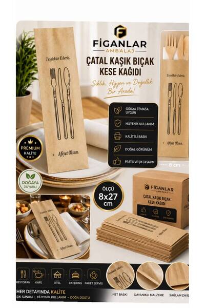 figanlar ambalaj 8x27 cm Çatal Kaşık Bıçak Kese Kağıdı Baskılı Servis Kılıfı ...