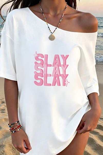 OVER HEAD Tricou de damă Slayyy cu imprimeu, cu gât barcă și umeri goi, 100% ...