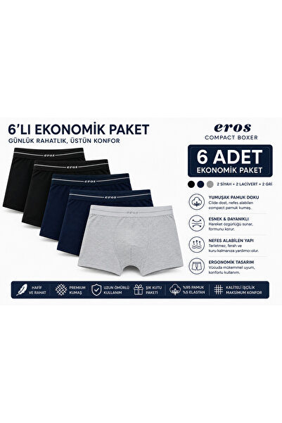 Eros 6 lı Paket Erkek Compact Boxer 6’lı Ekonomik Paket Pamuklu Esnek Rahat G...