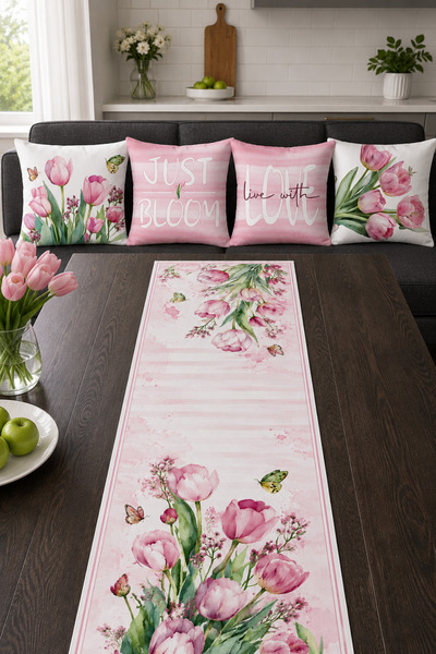 HOMESSA Pink Tulip Patterned Runner and Set of 4 Throw Pillow Covers
