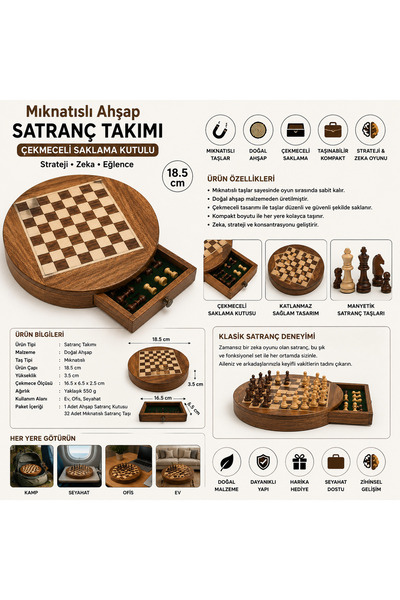 Mersi SHOP Mıknatıslı Ahşap Satranç Takımı Çekmeceli Saklama Kutulu Masa Oyun...