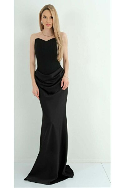 Hazel Women's Black Strapless Draped Waist Fishtail Long Satin Evening Dress