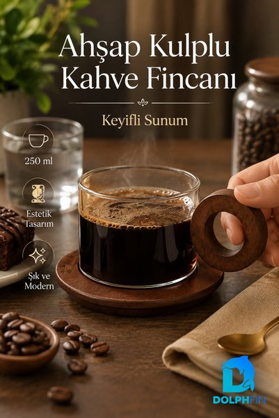 DolphFin 250 ml Glass Coffee Cup with Wooden Handle and Wooden Plate 8 cm