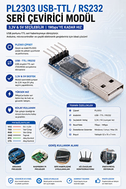 RoboPazar PL2303 USB‑TTL / RS232 Seri Çevirici Dönüştürücü – 3,3 V & 5 V Seçi...
