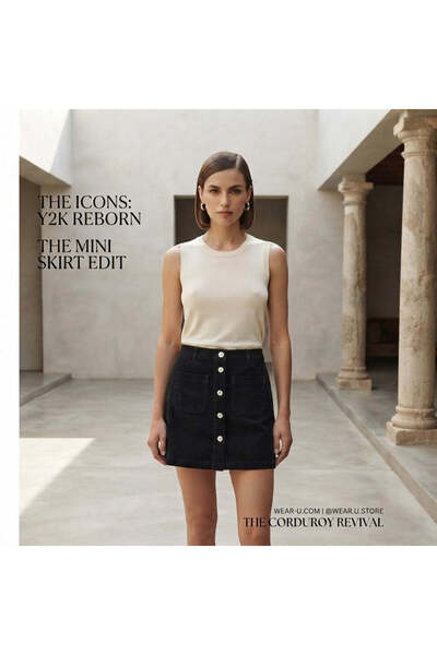 esmara Black Button-Down Corduroy Mini Skirt with Patch Pockets
