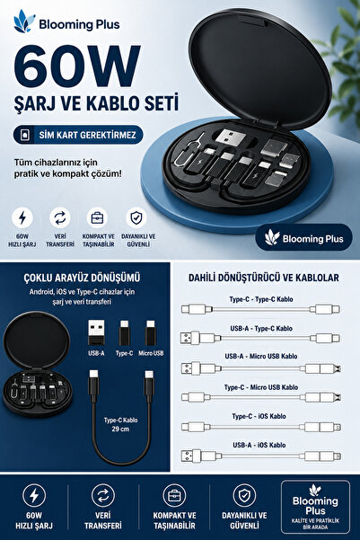Blooming Plus 60W Çok Fonksiyonlu Şarj ve Veri Transfer Kablo Seti | Type-C, ...