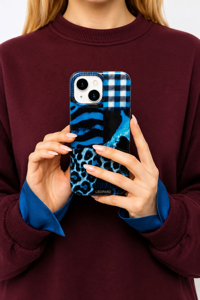 MUSSTECH Iphone 13-14-15 Uyumlu Mavi Leopar Desenli, Kamera Korumalı ve Darbe...