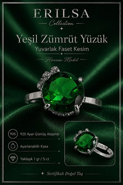 Erilsa Sertifikalı Yeşil Zümrüt Hürrem Model Yuvarlak Faset Kesim 5 Karat 925...