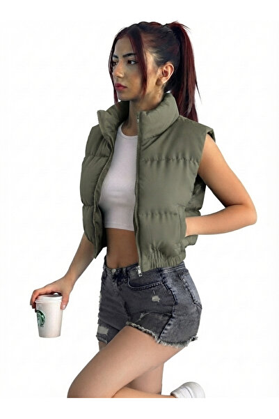 ladyzey Women's Khaki Stand-Up Collar Double Pocket Crop Vest