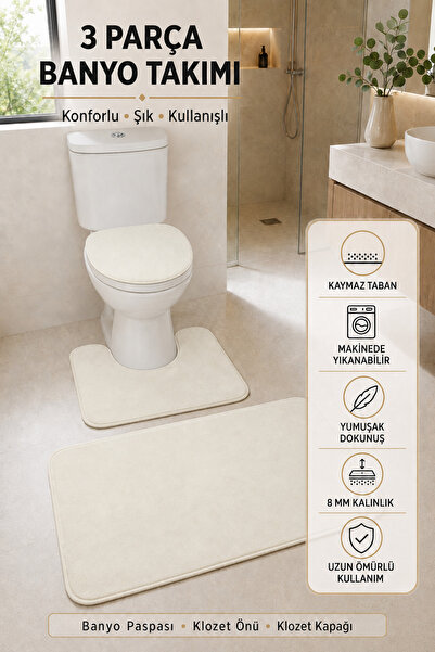 3’lü Banyo Paspası Halısı Seti Kaymaz Tabanlı Yıkanabilir Klozet Takımı
