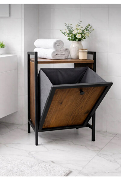 Kiba Home Metal Wooden Bathroom Organizer with Dirty Laundry Basket