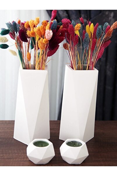 aymumi home Geometrik Uzun Vazo 20 Cm Ve Geometrik Tealight Mumluk Set (4 PAR...