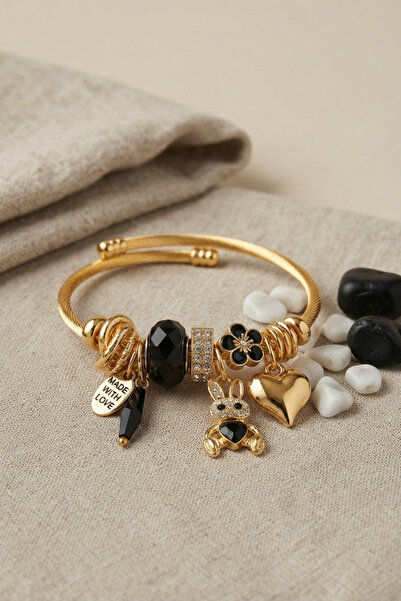 Lisinya Rabbit Model Gold Color Black Charm Bracelet -