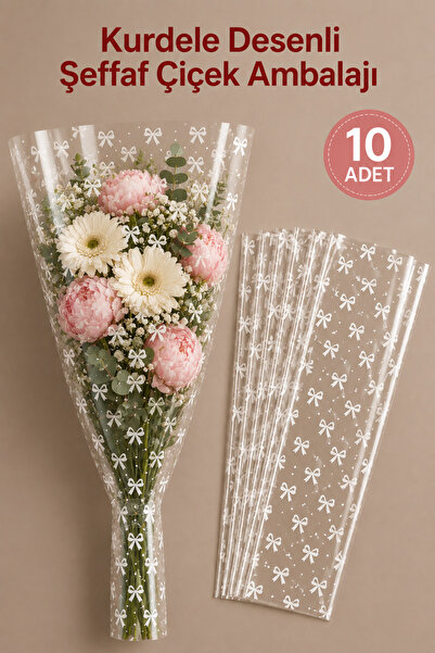 Sellor 10'lu Kurdele Desenli Şeffaf Çiçek Ambalajı 25x50 cm Buket Paketleme P...