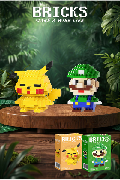 Bricks make a wise life Pikachu ve Luigi 3D Yapboz - İkili Set - Mikro Blok Y...
