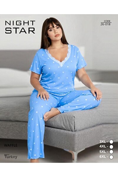 Night Star İkon Dantelli Yıldız Desenli Mavi Waffle Büyük Beden Pijama Takımı
