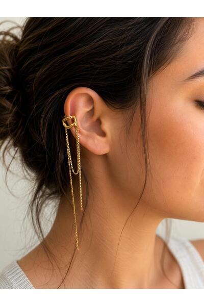 Lilyum Aksesuar Sallantılı Zincir Detaylı Gümüş Renk Earcuff Kıkırdak Küpe (D...